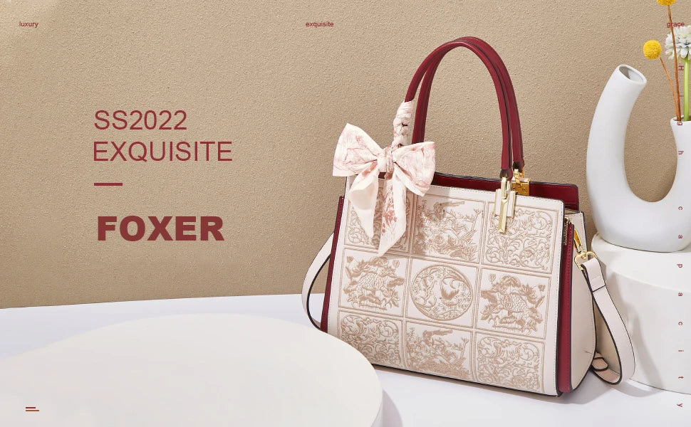 FOXER Women's Shoulder Handbag New Office Lady Crossbody Bag Medium Tote Chic Split Leather Silk Scarf Printing Pocket Mom's Bag