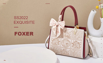 FOXER Women's Shoulder Handbag New Office Lady Crossbody Bag Medium Tote Chic Split Leather Silk Scarf Printing Pocket Mom's Bag