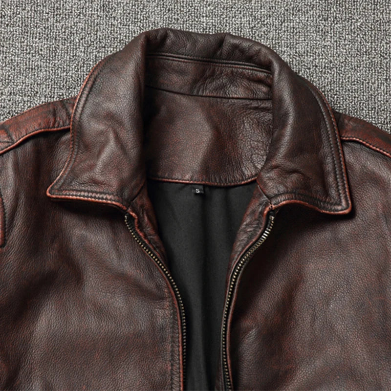 100% Cowhide Genuine Leather Biker Jacket for Men - Moto & Vintage Slim Fit Lapel Leather Coat