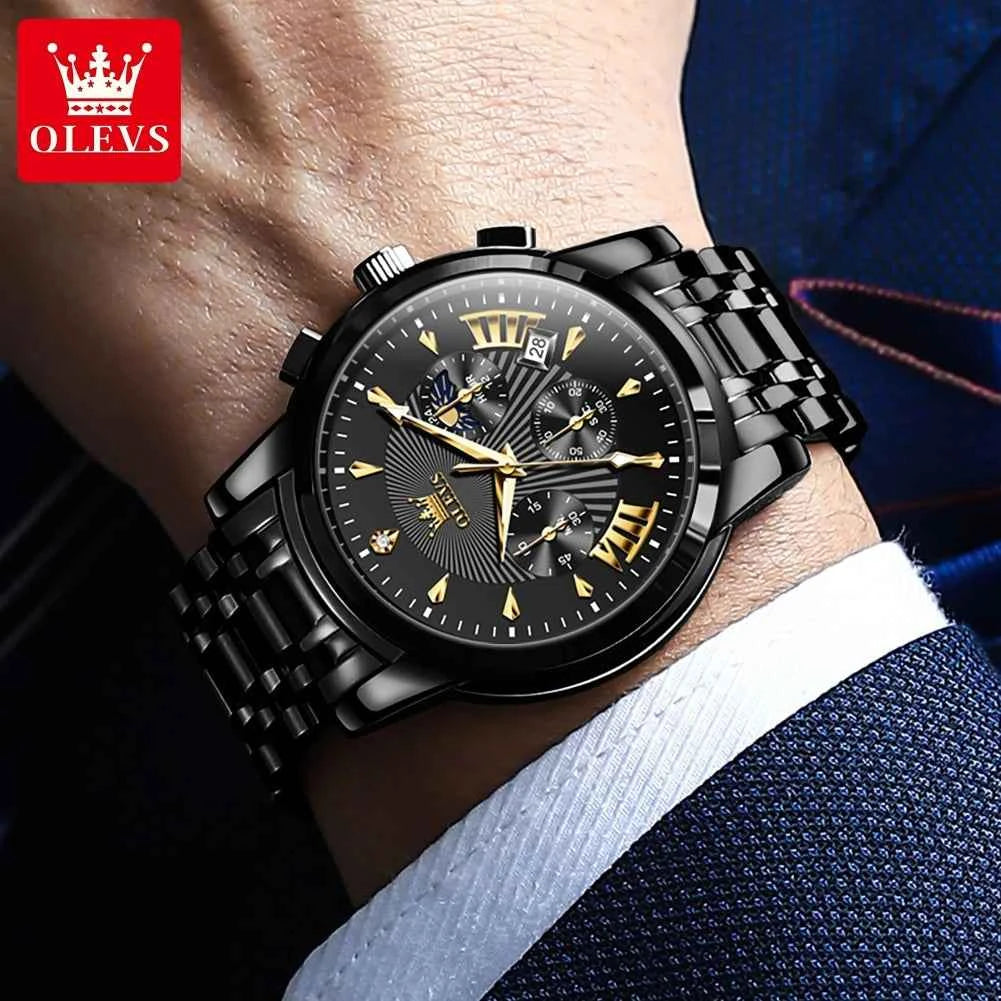 OLEVS 2892 Men's Chronograph Watch - Multifunctional Waterproof Quartz with Luminous Moon Phase and Freebie