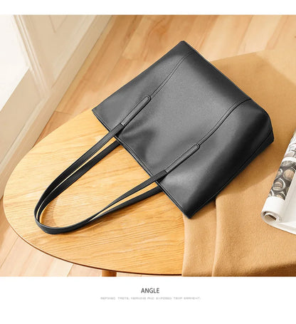 FOXER Split Leather Shoulder Bag for Women Simple Large Capacity Tote Lady Classic Black Handbag Gift for Wife, Lover