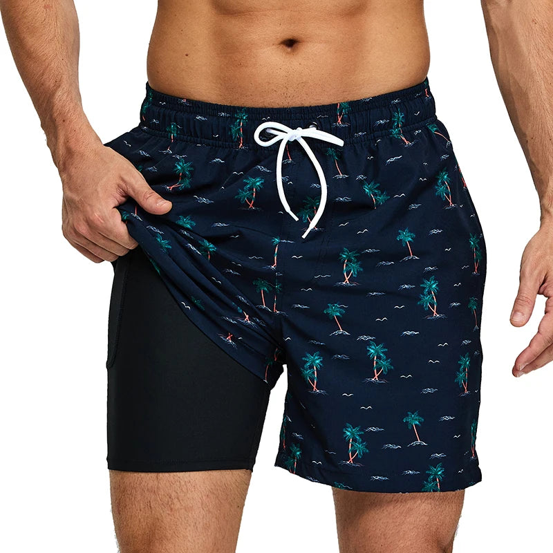 Men's polyester boardshorts with side zipper pockets, long lining, suitable for gym or swimming, in a stylish summer design.