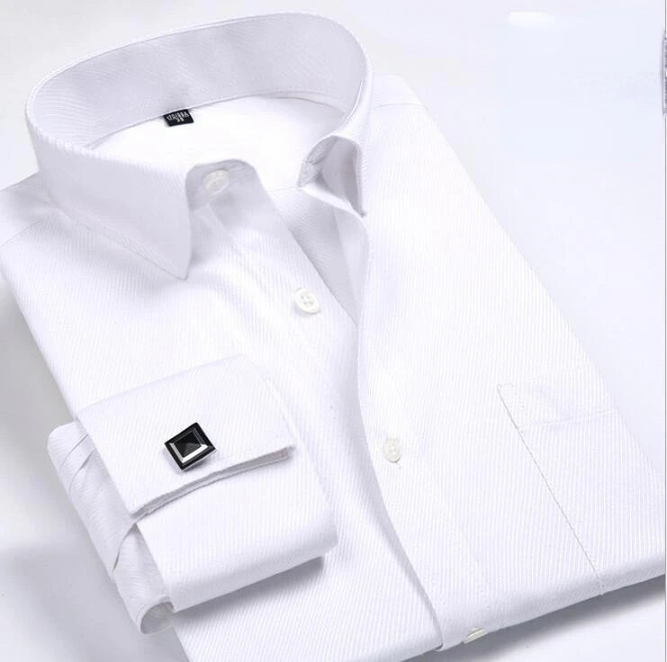 Quality Gentle Formal Men's Dress Shirt with French Cuff, Long Sleeve Solid & Striped Styles, Plus Size & Cufflinks Included