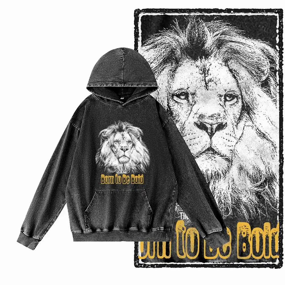 COOLMIND Lion Graphic Pullover | Acid-Washed Black
