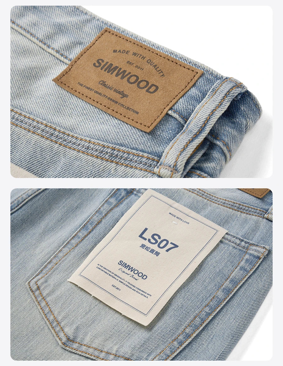 SIMWOOD 2026 Autumn Winter New Loose Straight 13oz 100% Cotton Fabric Jeans Men Washed Vintage Classical Denim Trousers