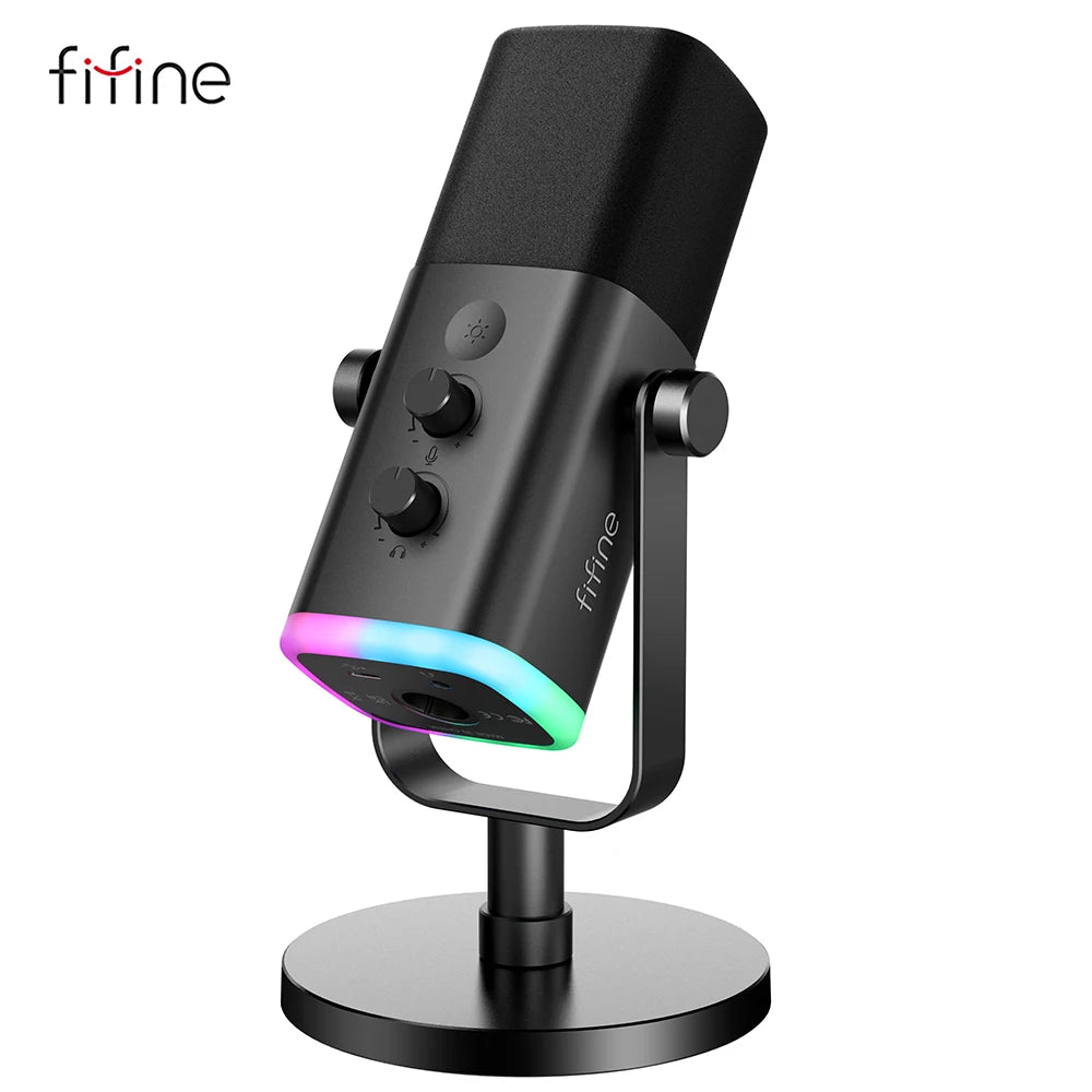 FIFINE dynamic gaming microphone for streaming and recording, with adjustable stand and sleek black design.