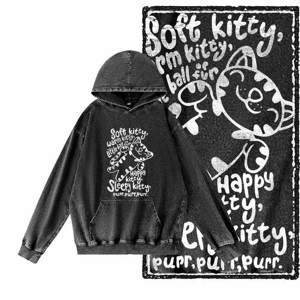 Night Prowler Cat Graphic Acid-Washed Black Hoodie