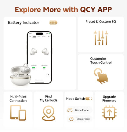 QCY CT06 Open Ear Wireless Earbuds with 4-Mic Calls and Bass Boost - Bluetooth 6.0 Clip-On Sports Headphones with 35 Hours Playtime - ShopHub