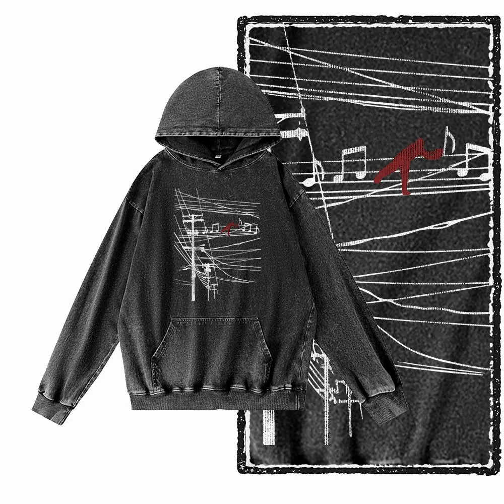 COOLMIND G25 Vintage Print Acid-Washed Black Hoodie