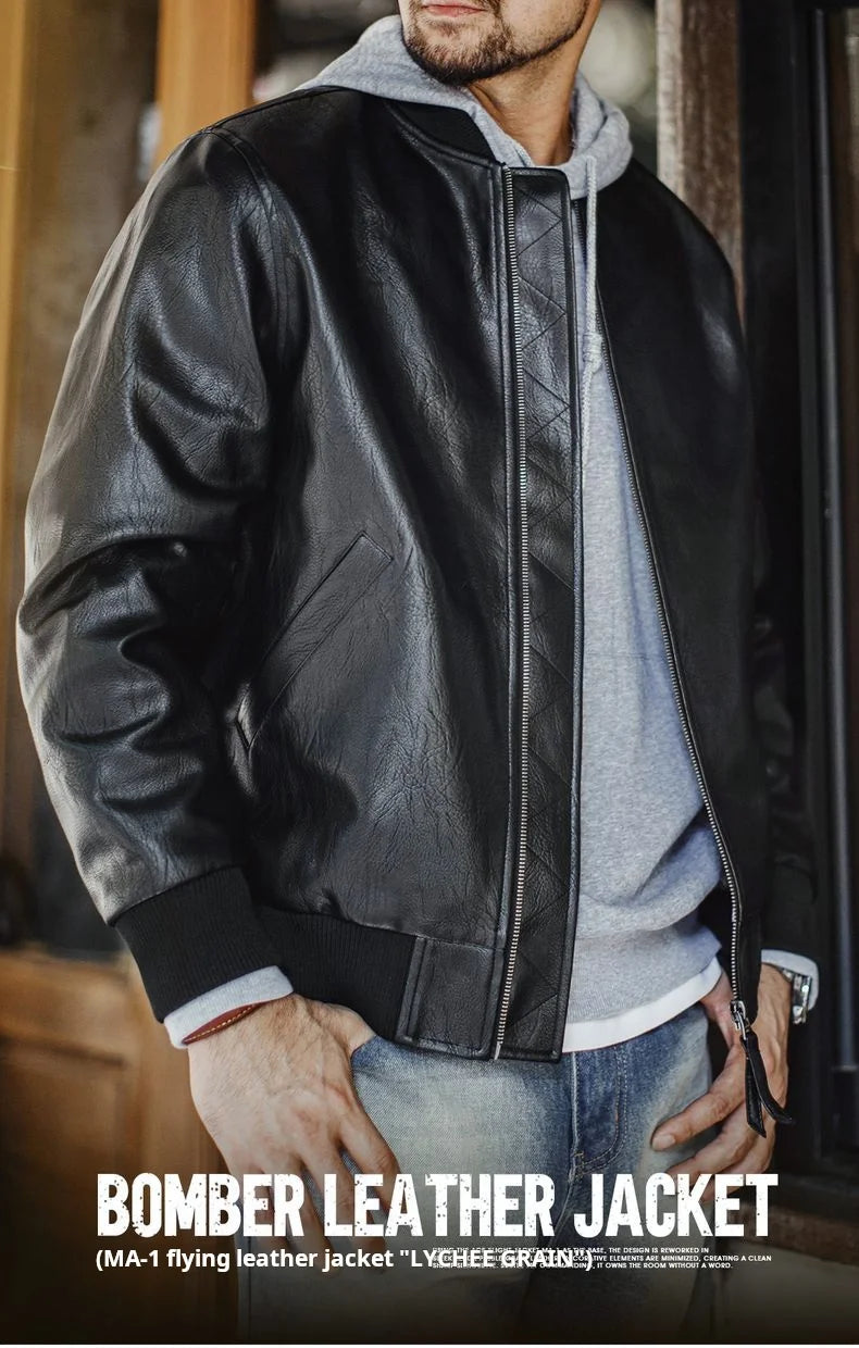 Maden Vintage Men's MA1 Leather Jacket Black Pilot Bomber Jacket Short Zip-up Pocket Baseball Coat Outerwear for Fall Streetwear