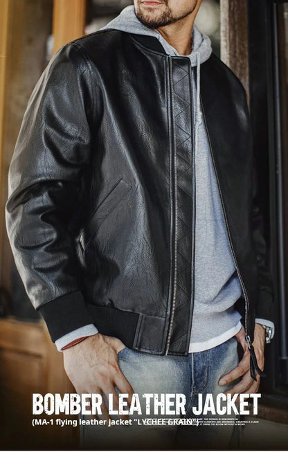 Maden Vintage Men's MA1 Leather Jacket Black Pilot Bomber Jacket Short Zip-up Pocket Baseball Coat Outerwear for Fall Streetwear