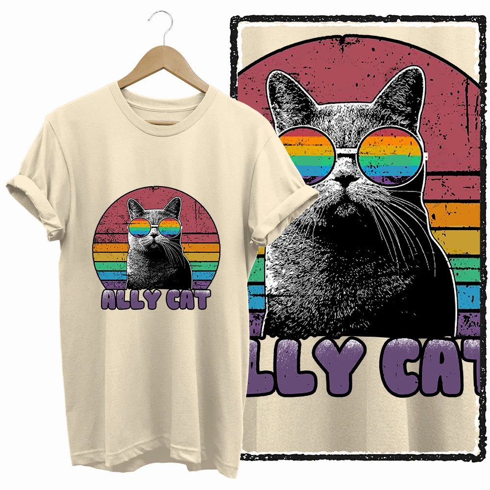 COOLMIND 100% Cotton Beige Cat Print Exclusive Graphic Women T Shirt Big Size Loose Cotton Cat Lover Women T Shirt Lovely Cat Te