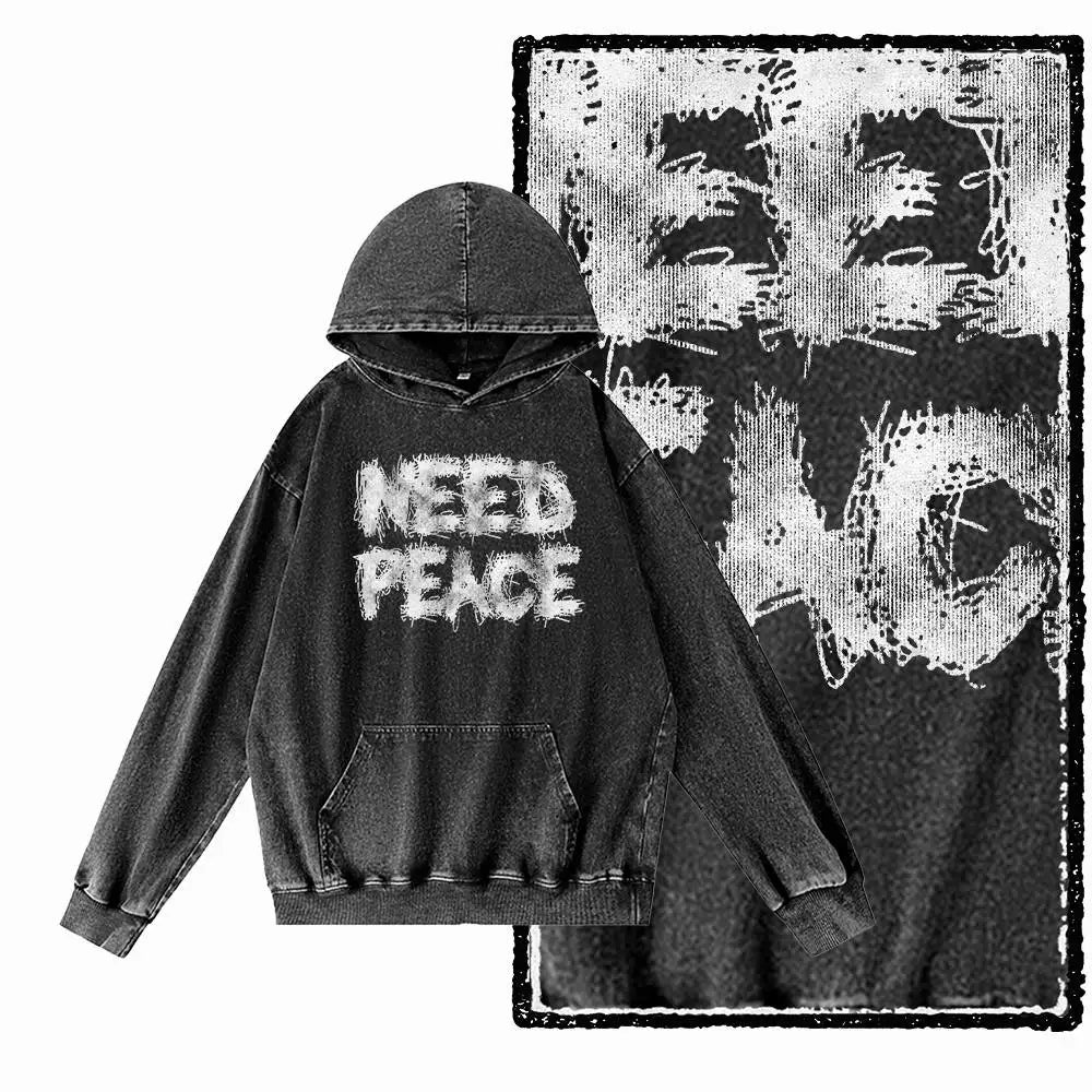 G09 Creative Graphic Acid-Washed Black Hoodie