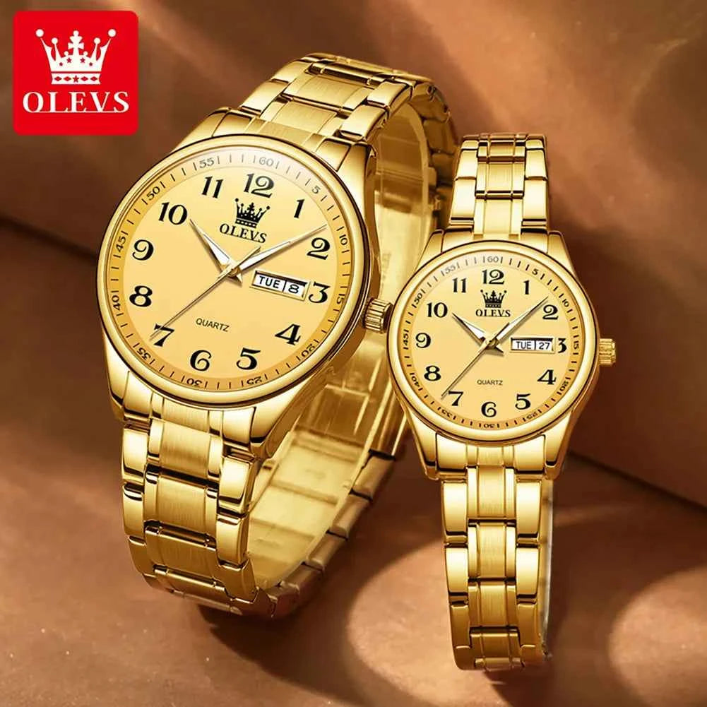 OLEVS 5567 Couple Luxury Watches Water Resistant Luminous Quartz Wristwatch with Day Date for Perfect Couple Gifts