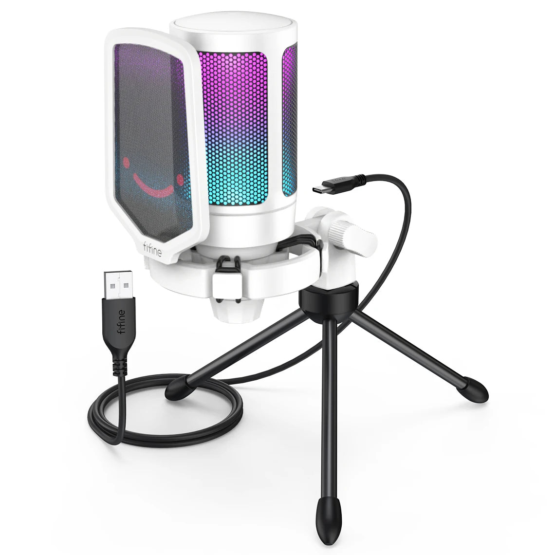 FIFINE USB gaming microphone on a desk, featuring a compact design and adjustable stand for clear streaming audio.