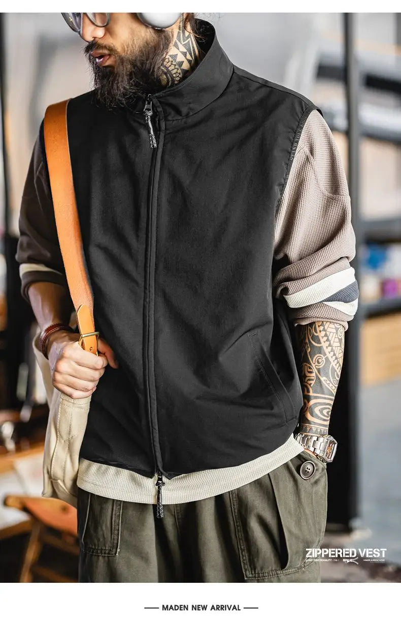 Maden Outdoor Men's Stand Collar Zip-Up Vest Lightweight Black Quick Dry Camping Fishing Waistcoat for Summer Sleeveless Jacket