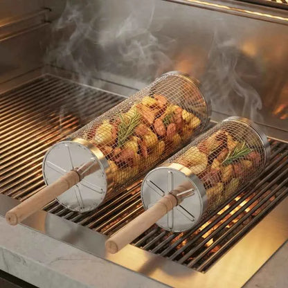 2Pcs Stainless Steel BBQ Grill Set, Camping Supplies & Equipment, Heavy Duty Camping Cooking Tool with Wood Handle & Hook