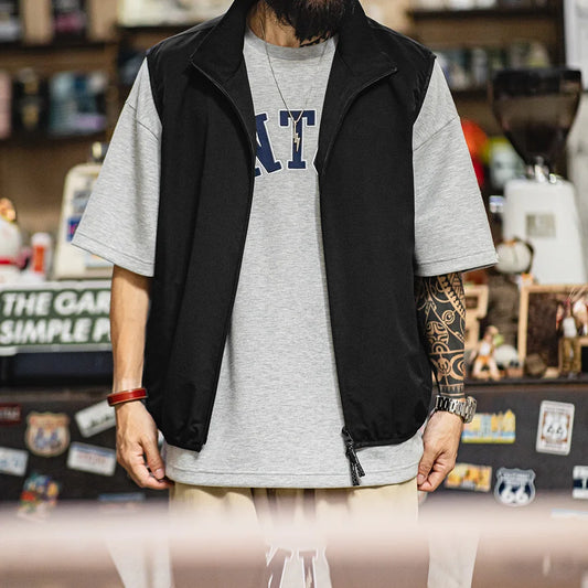 Maden Outdoor Men's Stand Collar Zip-Up Vest Lightweight Black Quick Dry Camping Fishing Waistcoat for Summer Sleeveless Jacket