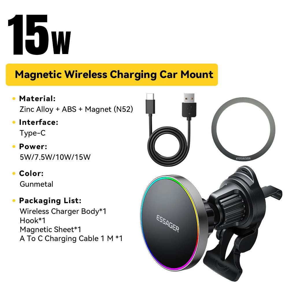 Essager RGB Magnetic Car Phone Holder with 15W Wireless Qi Charging