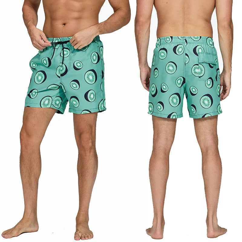 Men's summer boardshorts from ShopHub NZ featuring beach print, pockets, and surf-inspired design for swimming and fitness activities.