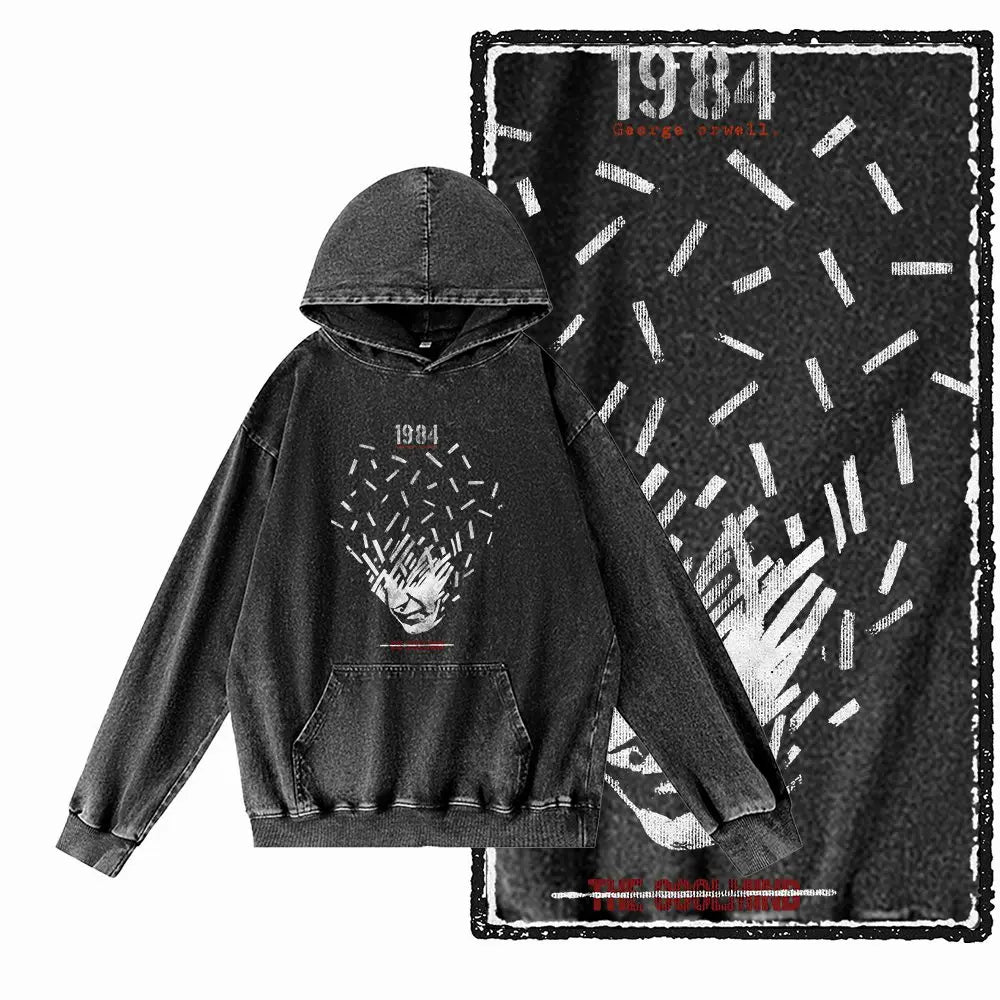 1984 Graphic Acid-Washed Black Streetwear Hoodie