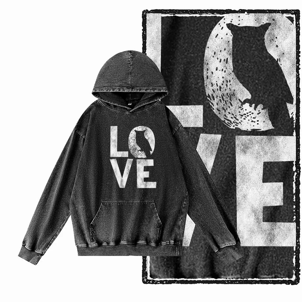 Vintage Owl Graphic Acid-Washed Black Hoodie