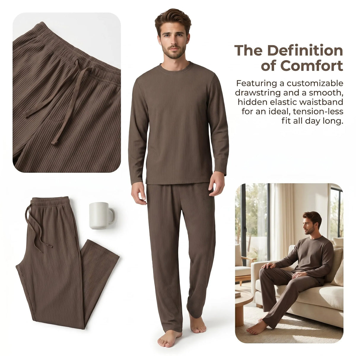 Men's long sleeve pajama set by ShopHub NZ featuring comfortable fabric and stylish design for relaxing sleep or lounging.