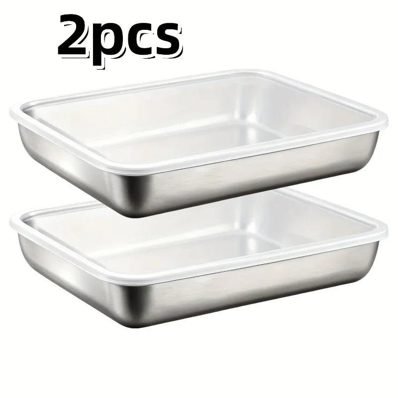 2Pcs Stainless Steel Food Trays with Lids