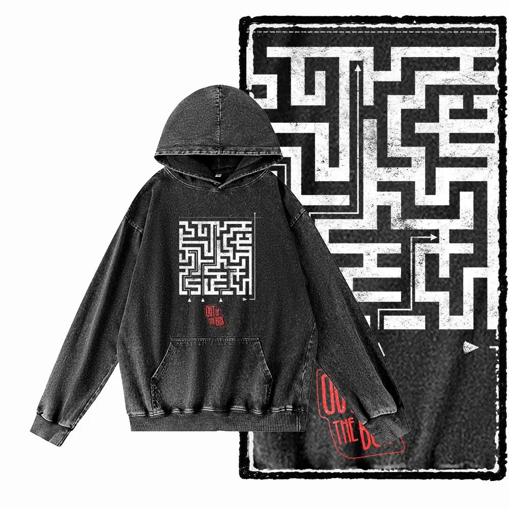 Think Outside the Box Acid-Washed Black Graphic Hoodie
