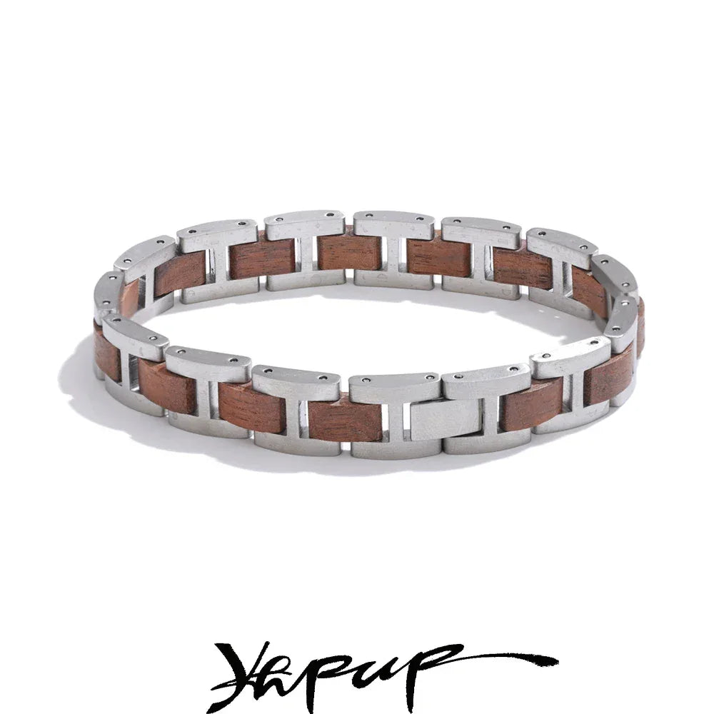 22cm Stylish Unique Stainless Steel Natural Wood Chain Men's Classic Bracelet - ShopHub