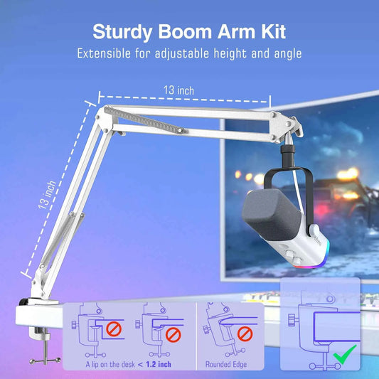 FIFINE USB/XLR Gaming Microphone Kit with Headphone Jack/RGB/Boom Arm,Dynamic Mic Set for PC PS5/4 Mixer AmpliGame White-AM8TW