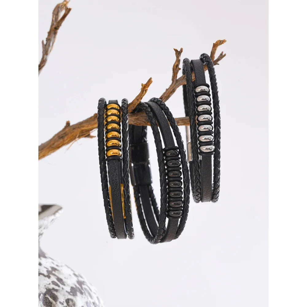 Stylish Black Fibre Leather Layered Men's Wrist Bracelet Bangle - ShopHub