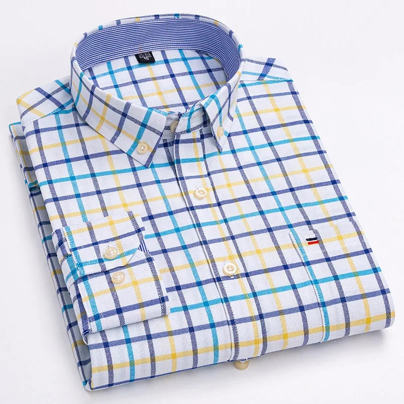Casual Pure Cotton Oxford Men's Shirt Long Sleeve Plain Solid Regular Fit Fashion Button Dress Shirt