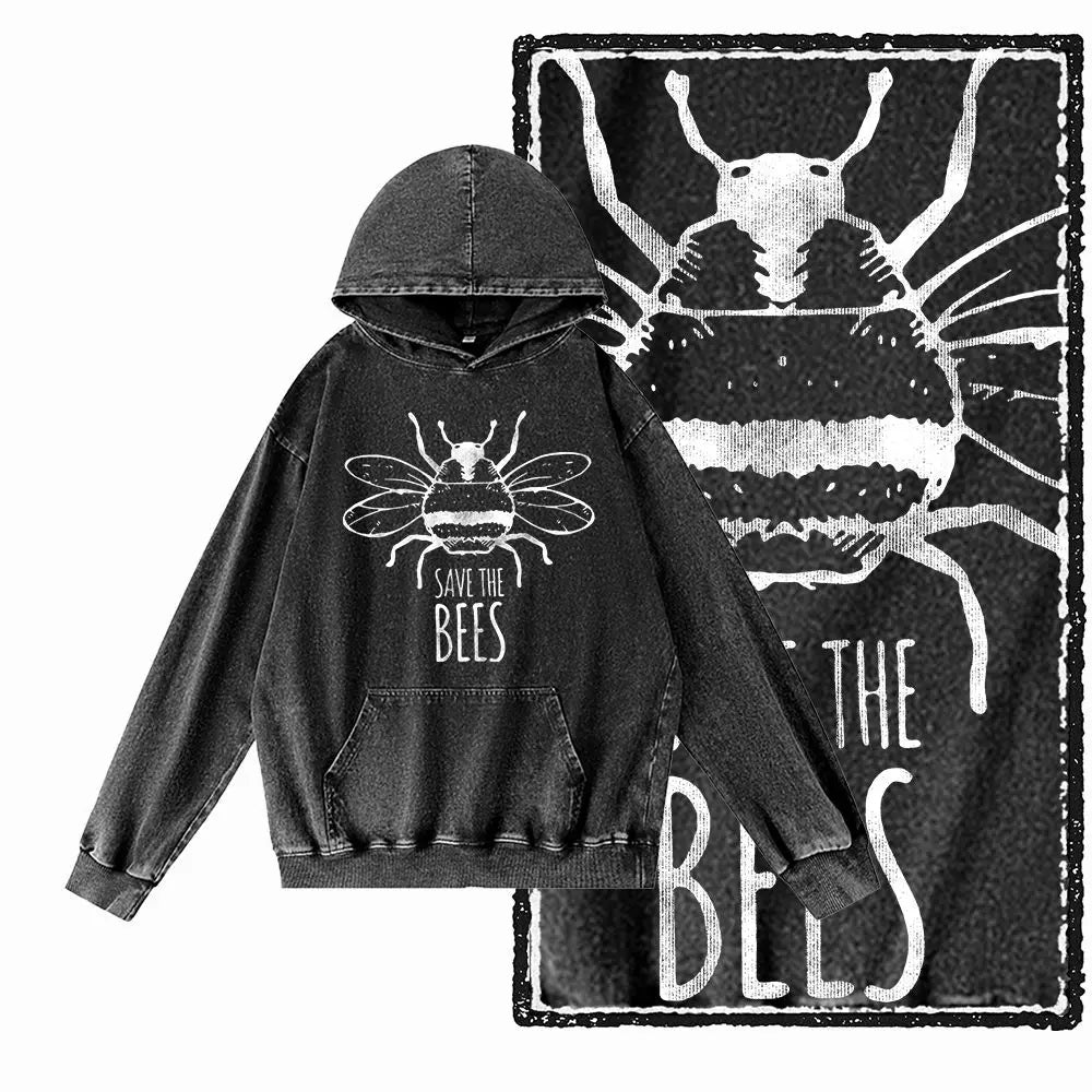 Hive Mind Bees Graphic Acid-Washed Black Hoodie