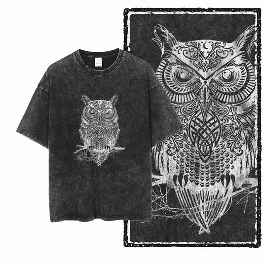 DH OWL Printed 100% Cotton Acid Washed Exclusive Graphic Unisex T Shirt Cool Vintage Streetwear Men Tshirts Big Size Tee for Men