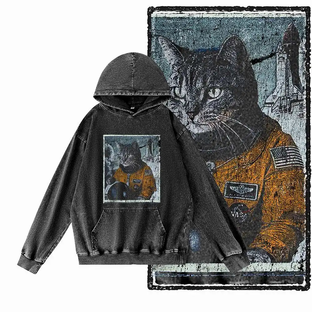 Night Prowler Cat Graphic Acid-Washed Black Hoodie