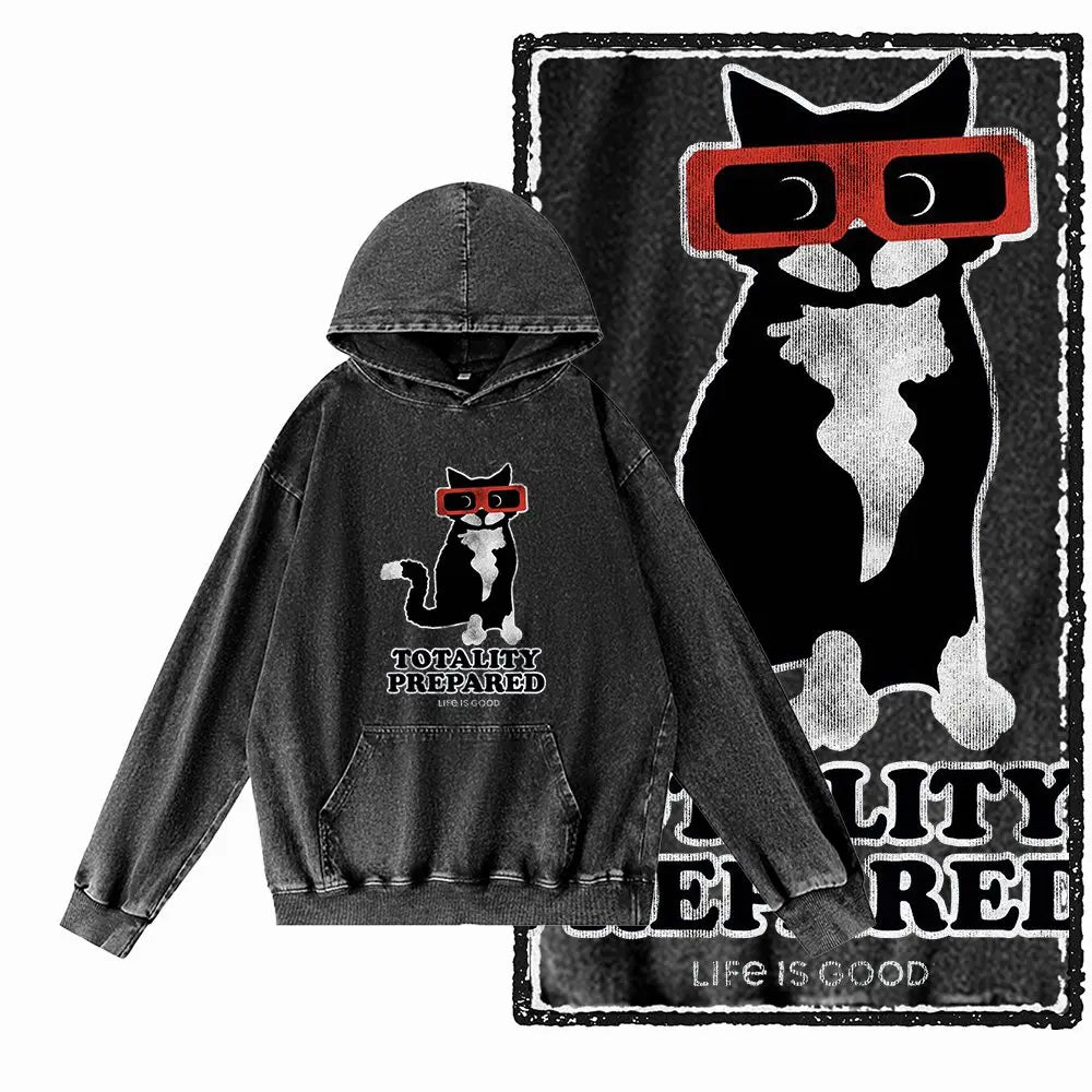 Vintage Dog Graphic Acid-Washed Black Hoodie