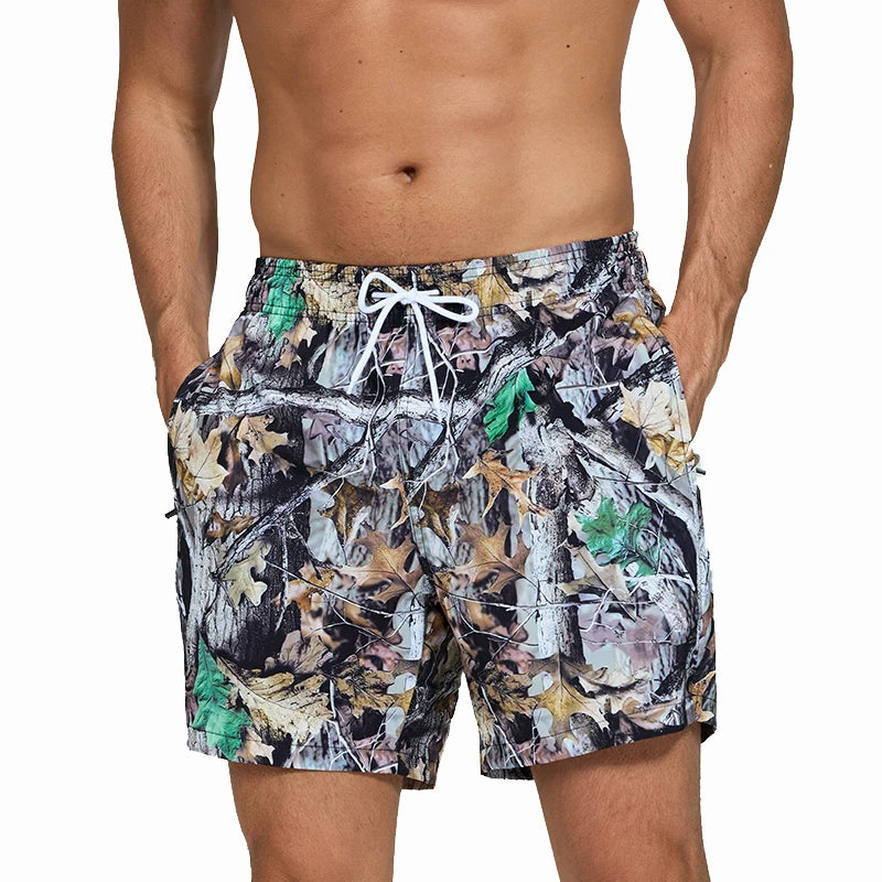 Men's Datifer Brand polyester gym shorts with mesh liner, side pockets, quick-dry fabric, multicolor design, suitable for beach and swim.