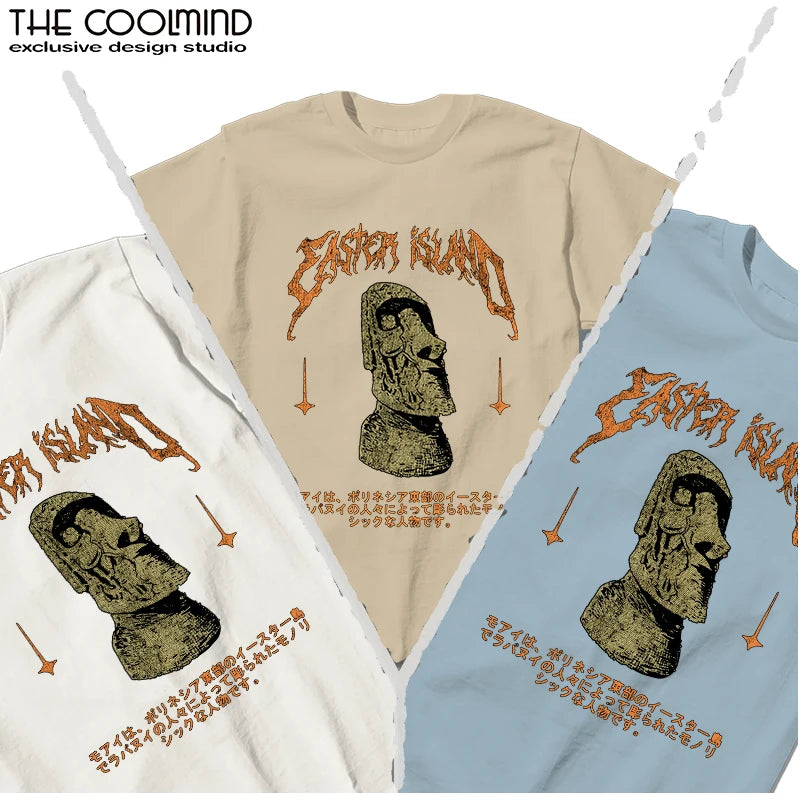 COOLMIND Easter Island Statue Graphic Cotton T-Shirt