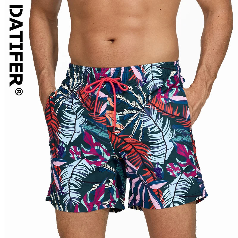 Men's Summer swimming shorts by ShopHub NZ with polyester mesh lining, adjustable waist, pockets, and vibrant printing.