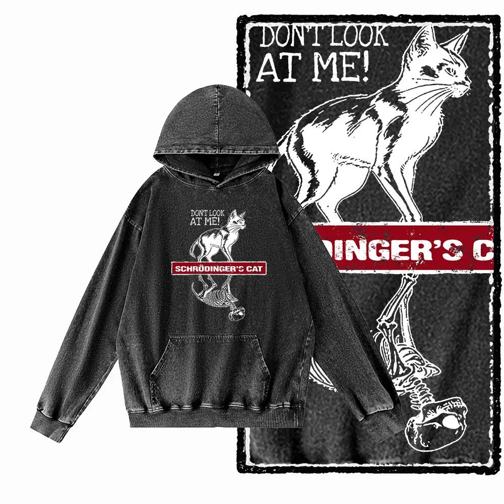 Night Prowler Cat Graphic Acid-Washed Black Hoodie