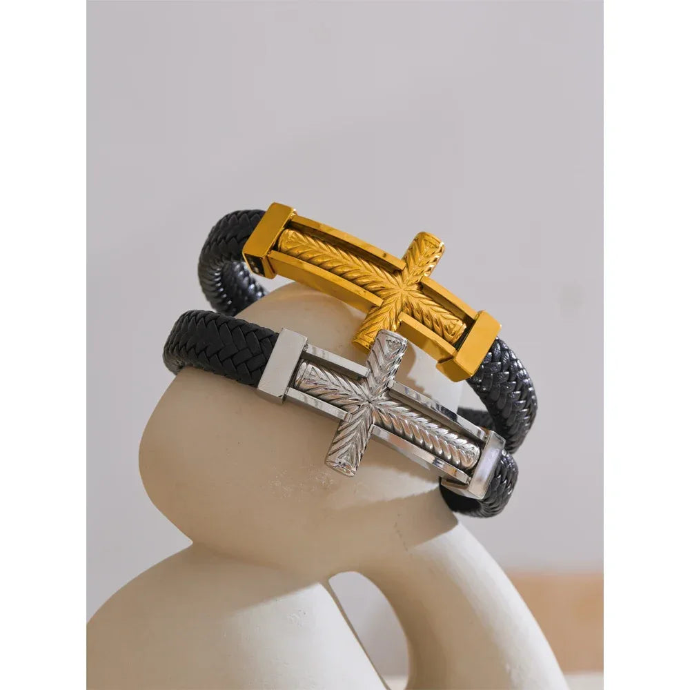 67mm Men's Vintage Stainless Steel Metal Cross Wide Bracelet Bangle - ShopHub