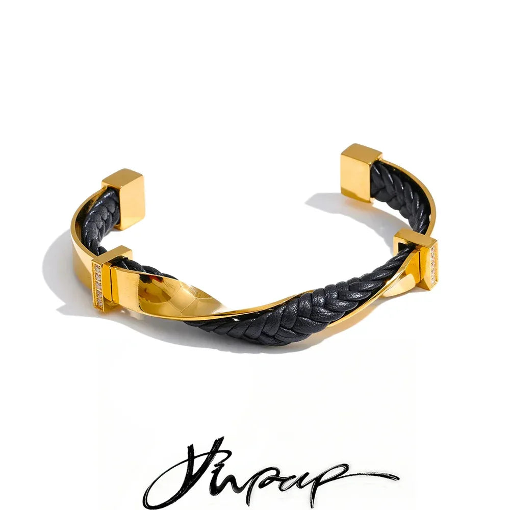 68mm Black Leather Stainless Steel Twisted Cuff Bracelet - ShopHub