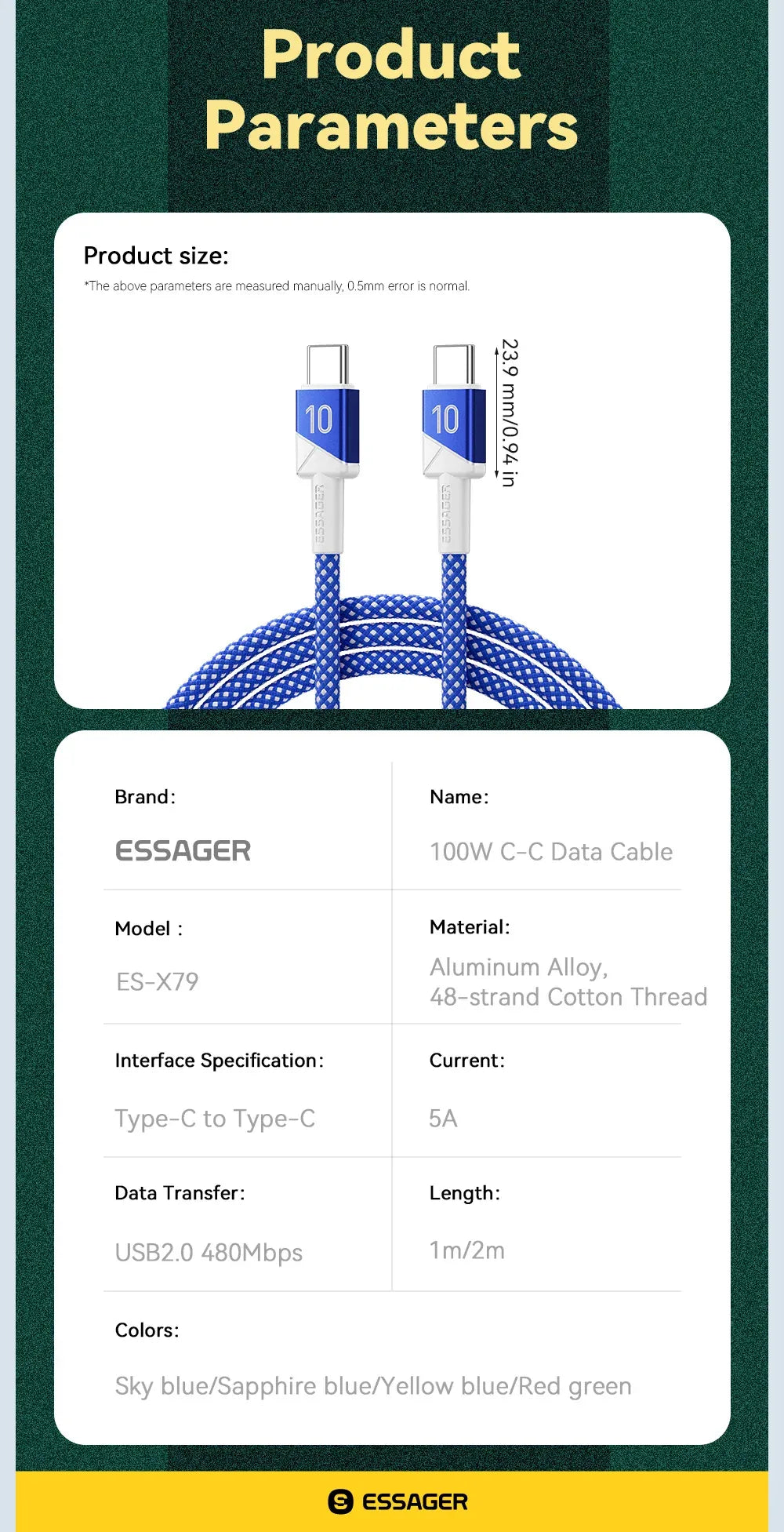 Essager 100W 5A USB C to USB C Cable - ShopHub