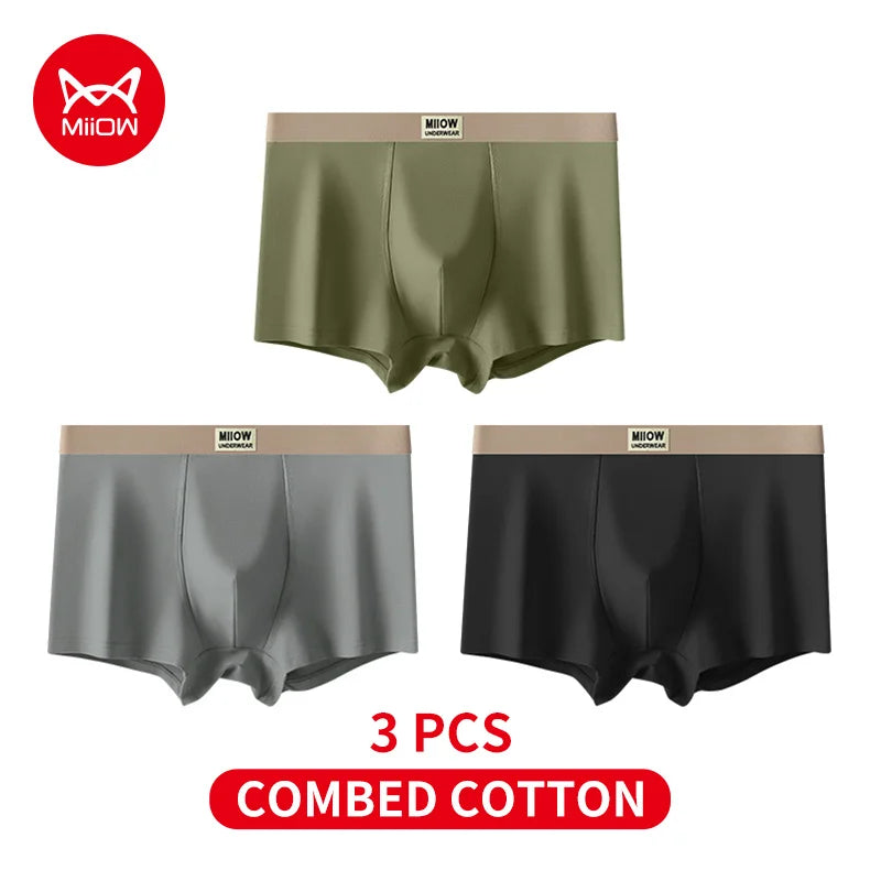 MiiOW 3Pcs Men's Cotton Underwear Antibacterial Breathable Crotch Soft Boxershorts