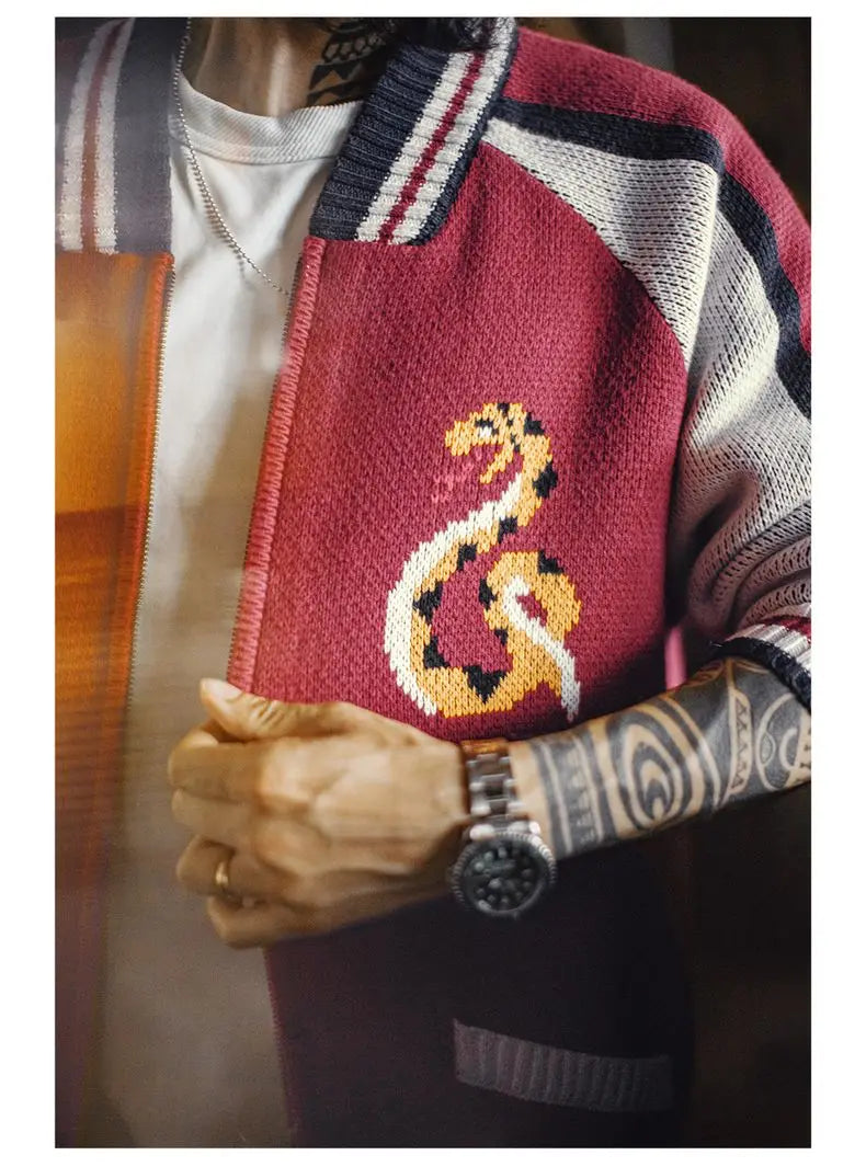 Maden Vintage Yokosuka Embroidered Jacket Men's Jacquard Knitted Cardigan Thickened Warm Zippered Baseball Coat for Fall Winter