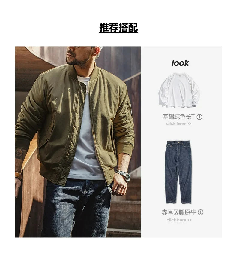 Maden Reversible MA-1 Flight Jackets for Men Baseball Collar Small Square Texture Fall and Winter Thickened Coats Cotton Jacket