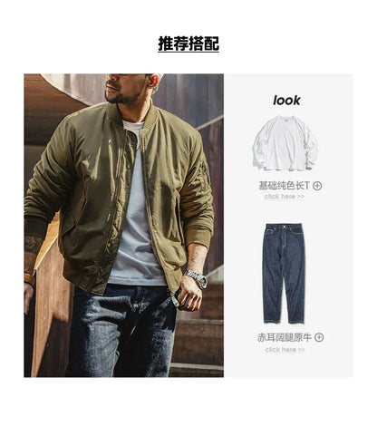 Maden Reversible MA-1 Flight Jackets for Men Baseball Collar Small Square Texture Fall and Winter Thickened Coats Cotton Jacket
