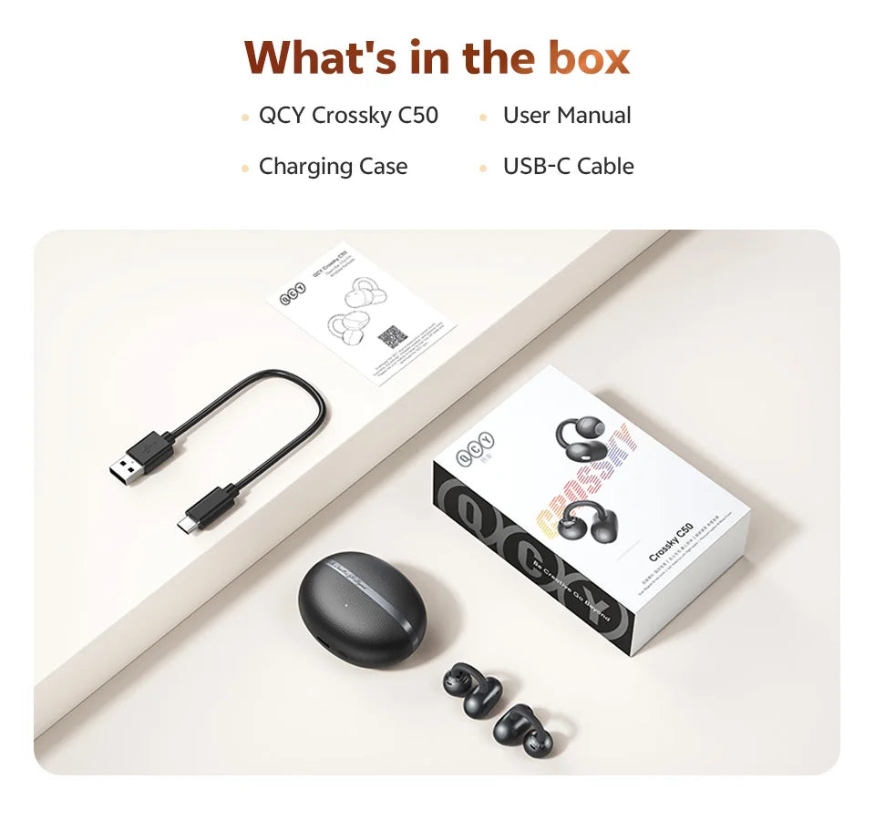 QCY CT06 Open Ear Wireless Earbuds with 4-Mic Calls and Bass Boost - Bluetooth 6.0 Clip-On Sports Headphones with 35 Hours Playtime - ShopHub