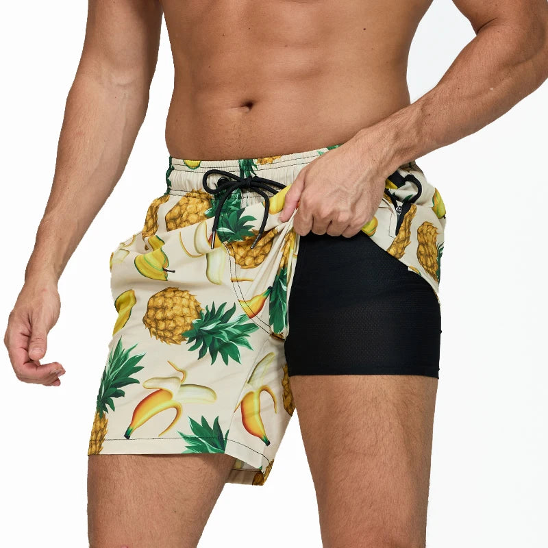 Mens boardshorts by ShopHub NZ featuring polyester fabric, long liner, side zipper pocket, suitable for beach or gym activities.